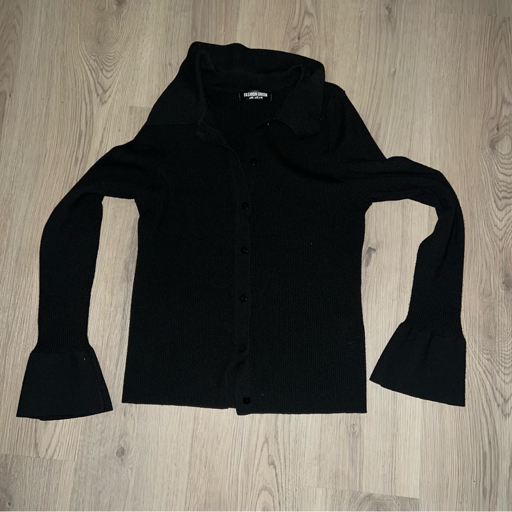Fashion Union Black Button Front Sweater Flared Sleeve Knit Size 12